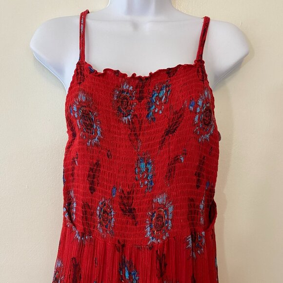 Free People Garden Party Midi Smocked Dress Size Large Red Floral - Picture 2 of 6
